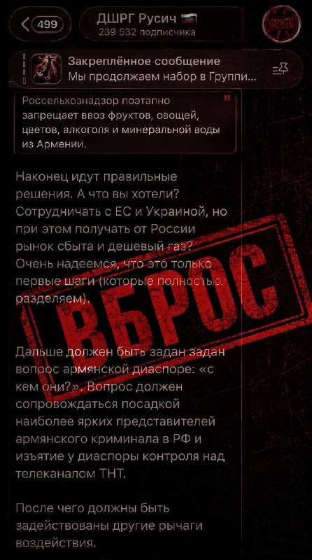 Заявление неонацистского подразделения «ДШРГ Русич» о давлении на армянскую диаспору, обсуждаемое в Гаваре.