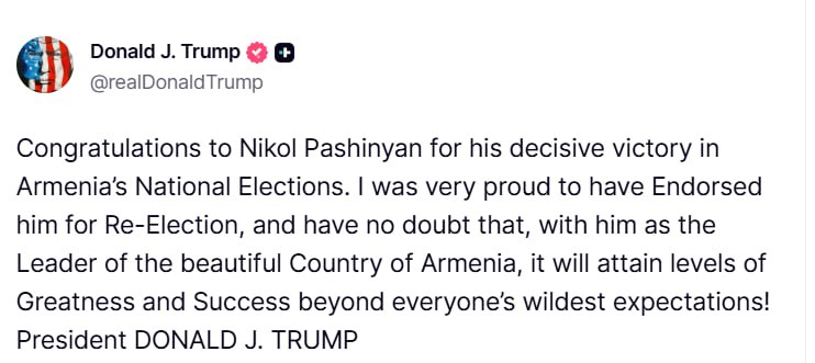 Трамп поздравил Пашиняна с победой на выборах в Армении: что это значит для Гавара